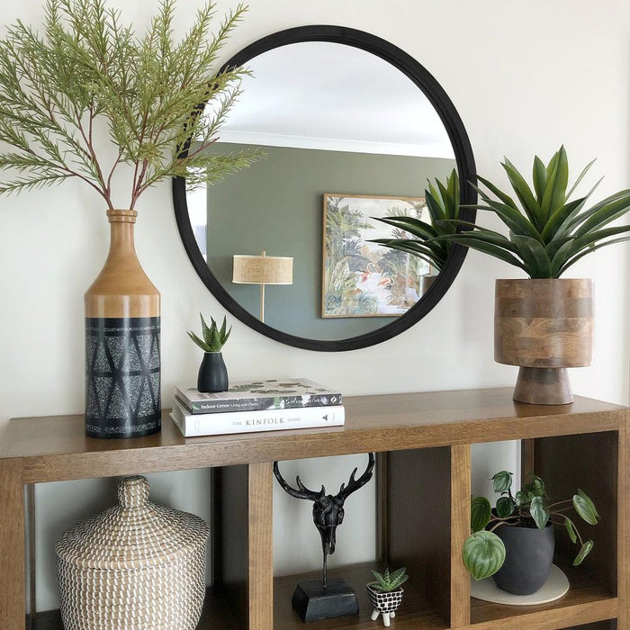 Tisha Black Solid Wood Round Wall Mirror