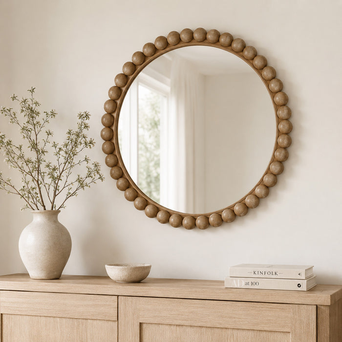 Ember Beaded Natural Wood Round Wall Mirror
