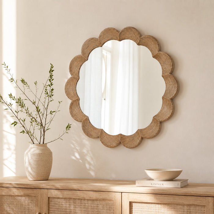 Petal Scalloped Natural Wood Round Wall Mirror
