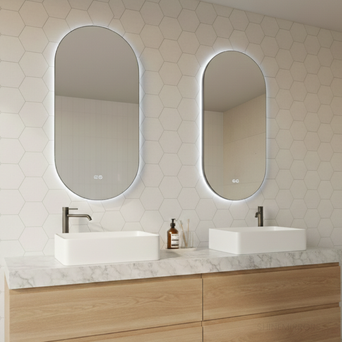 Amara Pill-Shaped Oval Framed Backlit LED Mirror - Touch Button Type - Frame Colour Options