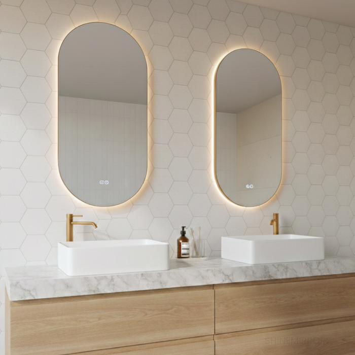 Amara Pill-Shaped Oval Framed Backlit LED Mirror - Touch Button Type - Frame Colour Options