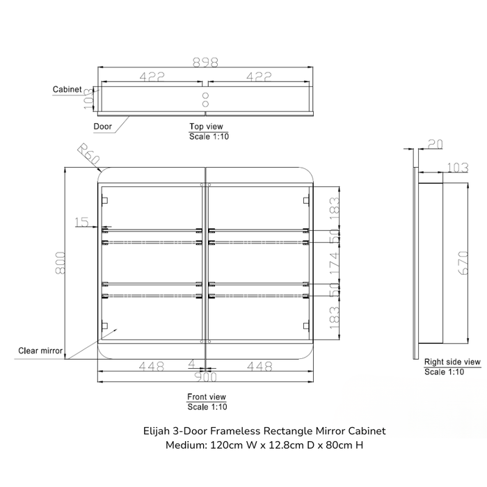 Elijah 3-Door Frameless Rectangle Mirror Cabinet