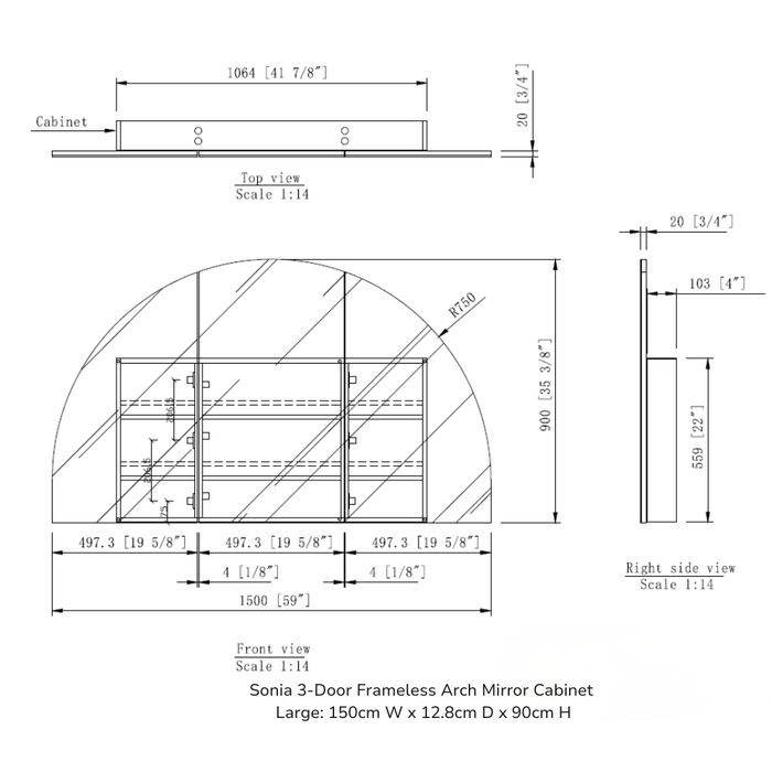 Sonia 3-Door Frameless Arch Mirror Cabinet