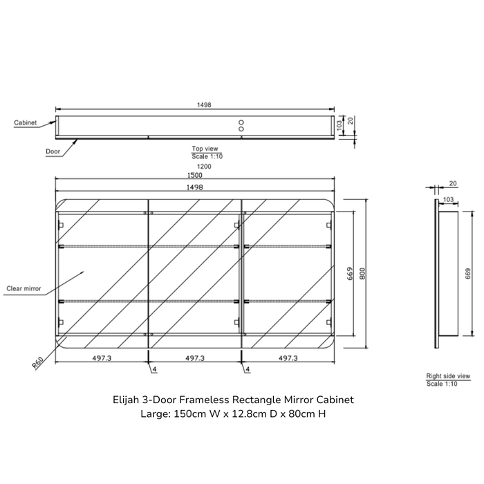 Elijah 3-Door Frameless Rectangle Mirror Cabinet