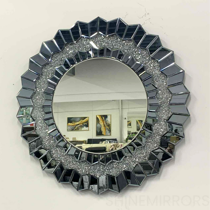 Lassy Round Grey Sparkling Crush Crystal Wall Mirror