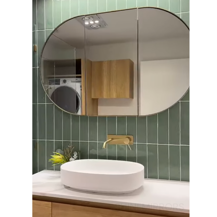 Noella 3-Door Brushed Brass Pill Mirror Cabinet