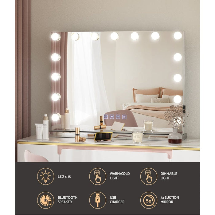Hollywood Majesty Bluetooth Makeup Vanity Mirror - 58X46cm with 15 Dimmable LED Lights