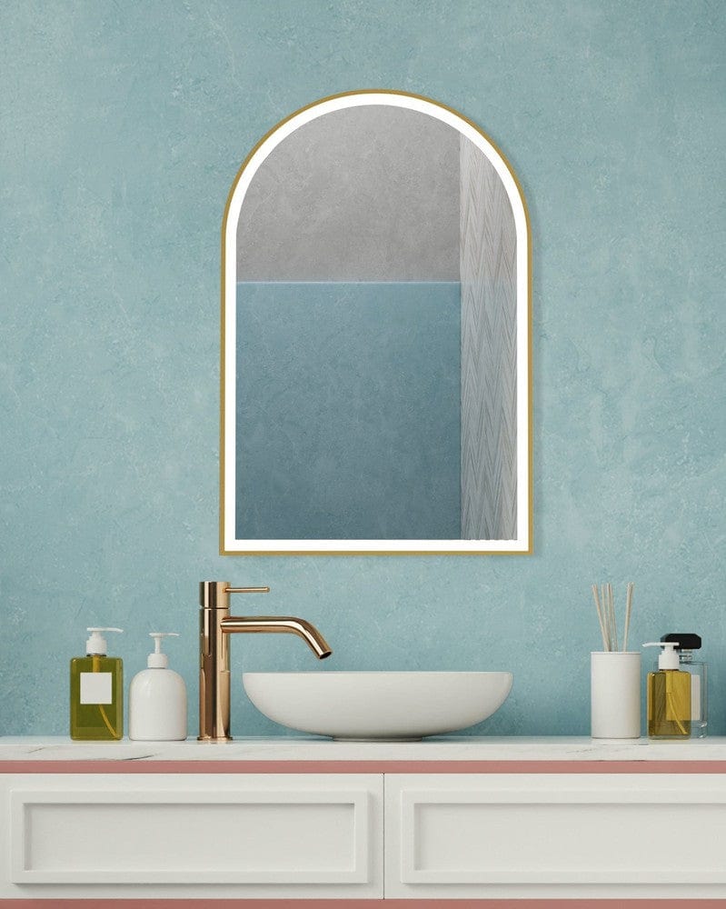 Amalia Brushed Gold Arched LED Frontlit Wall Mirror — SHINE MIRRORS ...