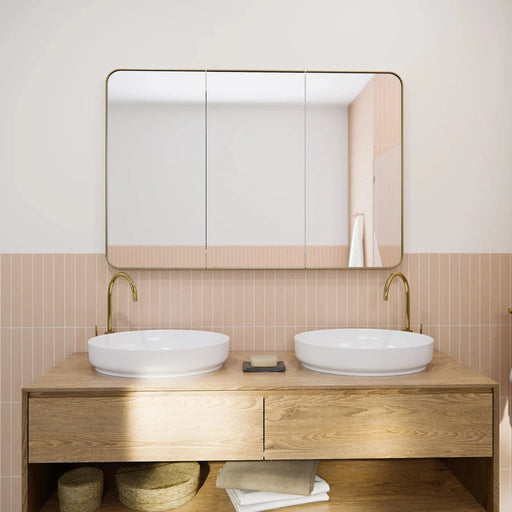 Zania Three-Door Satin Brass Gold Bathroom Mirror Cabinet