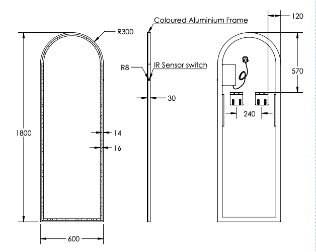 Cooper Full Length Matte Black Arched Frontlit LED Mirror - SHINE MIRRORS AUSTRALIA