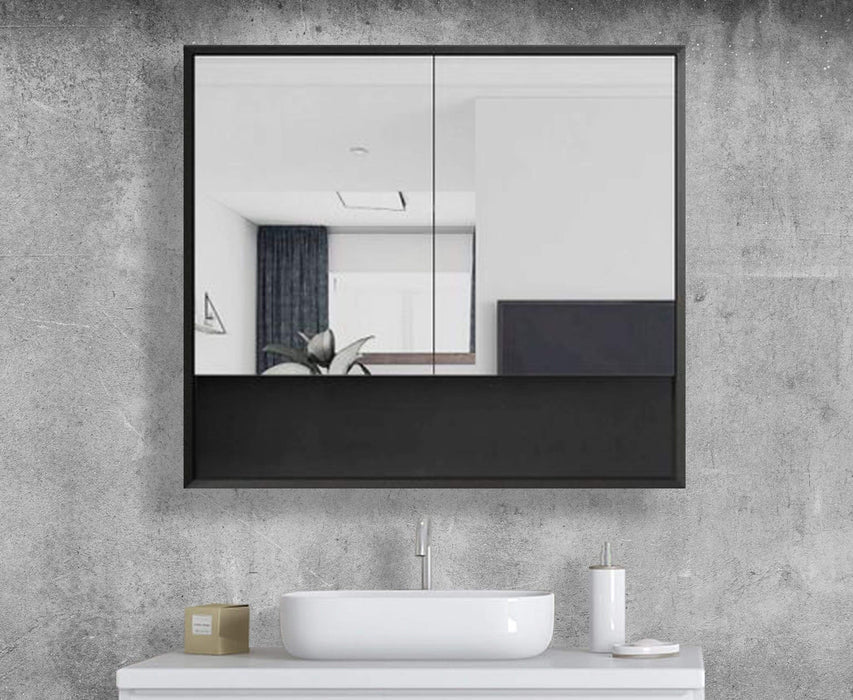 Florencia Matte Black 2 Door Mirrored Bathroom Shaving Cabinet Large 90cm x 15cm x 80cm H - SHINE MIRRORS AUSTRALIA