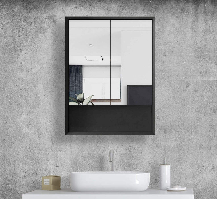 Florencia Matte Black 2 Door Mirrored Bathroom Shaving Cabinet Small 60cm x 15cm x 80cm H - SHINE MIRRORS AUSTRALIA