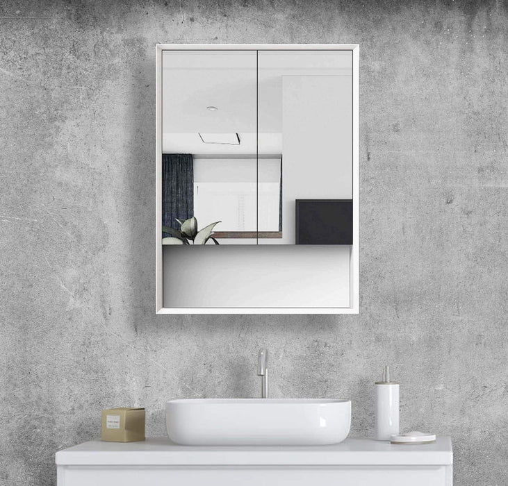 Florencia Matte White 2 Door Mirrored Bathroom Shaving Cabinet Small 60cm x 15cm x 80cm H - SHINE MIRRORS AUSTRALIA