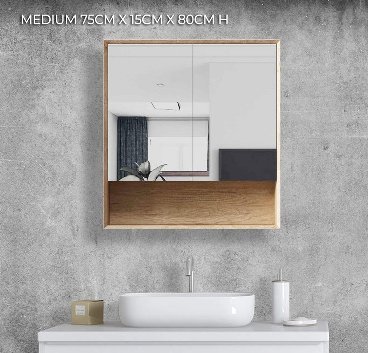 Florencia Natural Oak 2 Door Mirrored Bathroom Shaving Cabinet Medium 75cm x 15cm x 80cm H - SHINE MIRRORS AUSTRALIA
