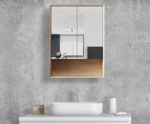 Florencia Natural Oak 2 Door Mirrored Bathroom Shaving Cabinet Small 60cm x 15cm x 80cm H - SHINE MIRRORS AUSTRALIA