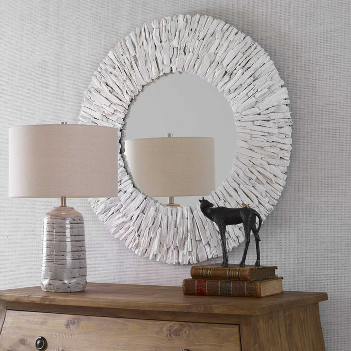 Teak Branch White Round Wall Mirror