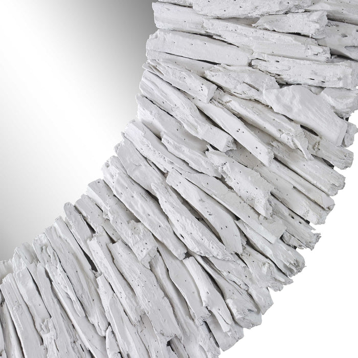 Teak Branch White Round Wall Mirror