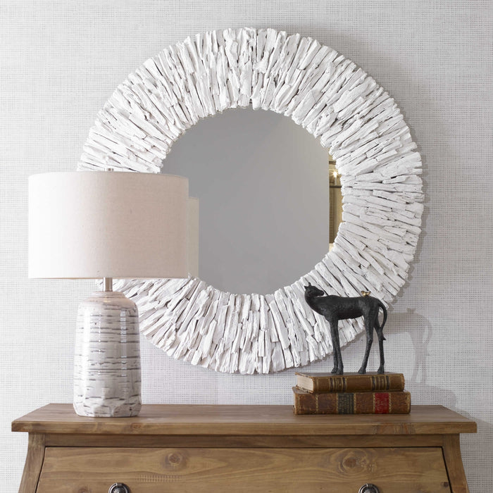 Teak Branch White Round Wall Mirror