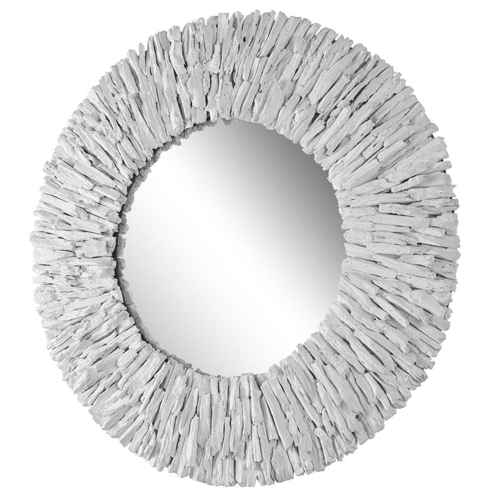 Teak Branch White Round Wall Mirror
