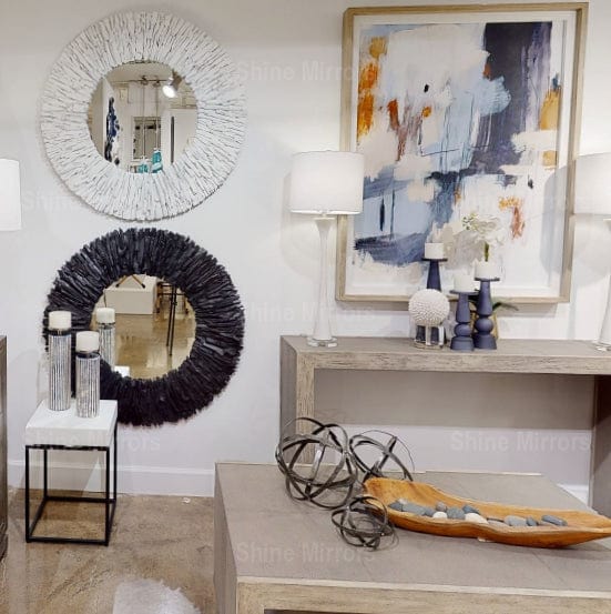 Teak Branch White Round Wall Mirror